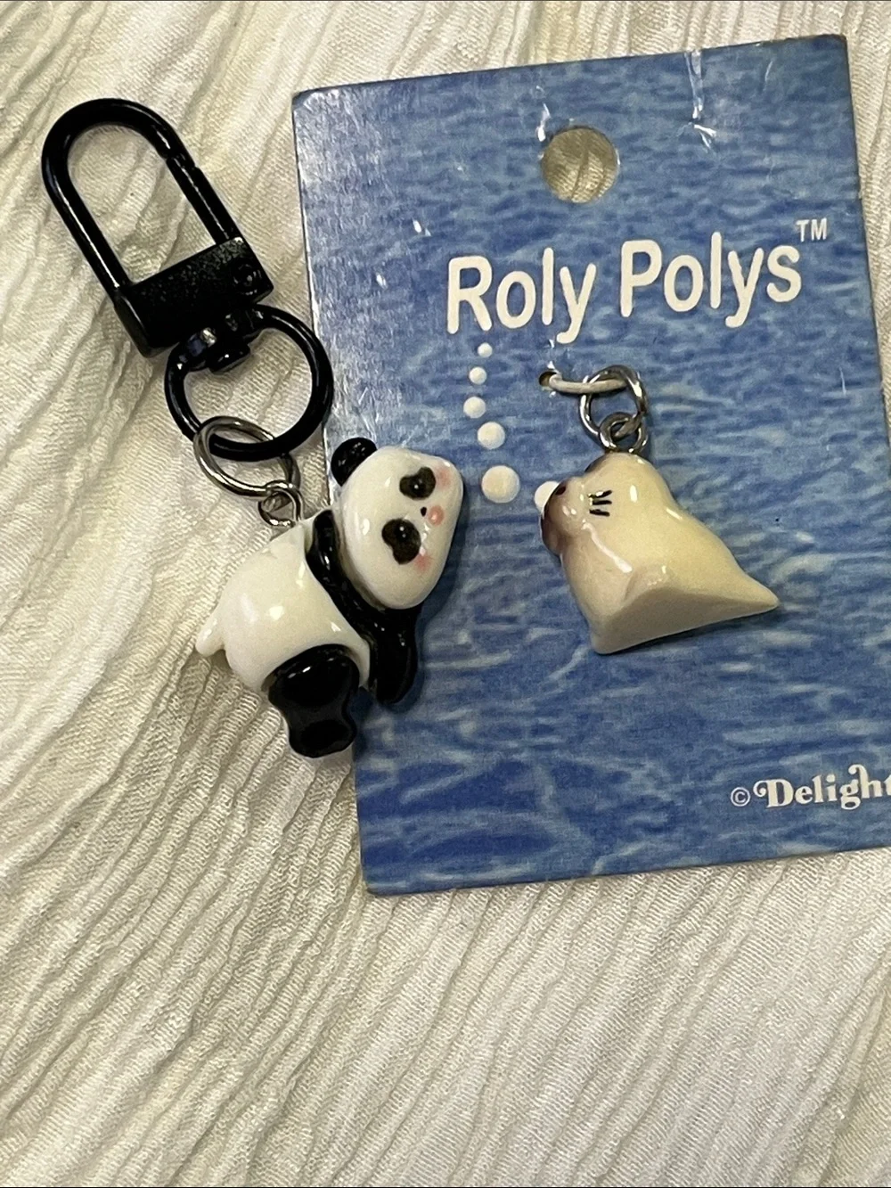 Vintage Black & White Panda Key & Card Holder Charm with Beige Bell
